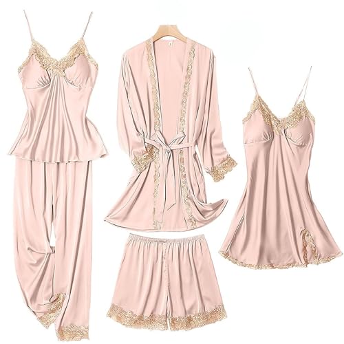 Image of SAPJON Womens Pajama Sets 5PCS Silk Pajamas for women Cute Sleepwear Loungewear Satin Pajamas Sets for Women Soft