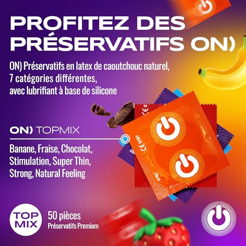ON) Kondome Mix | 50 Stück Packung | Premium 7 verschiedene Sorten & Größen mit 54 mm Breite | 10x extra dünn, natur & genoppt | 5x extra stark, mit Erdbeer, Banane, Schoko Duft