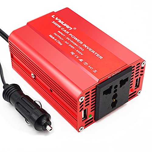 Cantonape 300W Car Power Inverter 12V to 230V 240V Converter, Dual USB 4.8A Charging Ports – Charge Your Laptop, iPad, iPhone, Tablet, Consoles & More – Durable and Powerful,Red Aluminum Body