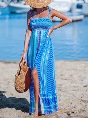Image of CUPSHE Women Paisley Smocked Tie Strap Slit Ruffled Maxi Dress | Square Neckline, High Elastic Bodice, Side High Split, Flowy A Line Long Sundress, Summer Casual Beach Resort Travel Outfit