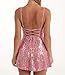 FEORJGP Womens Sparkly Sequin Mini Dress Shiny Spaghetti Strap Short Dress Glitter Disco Slip Dresses Cocktail Party Clubwear (E Pink, XL)