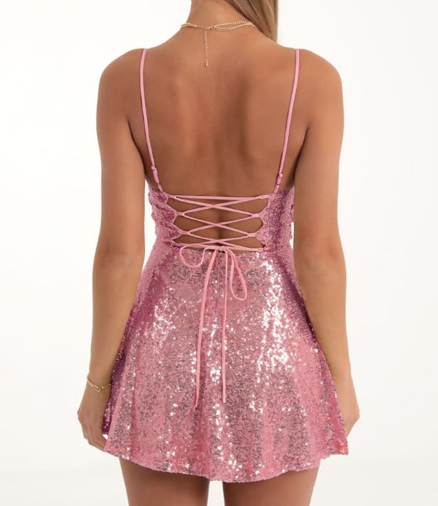 Image of FEORJGP Womens Sparkly Sequin Mini Dress Shiny Spaghetti Strap Short Dress Glitter Disco Slip Dresses Cocktail Party Clubwear