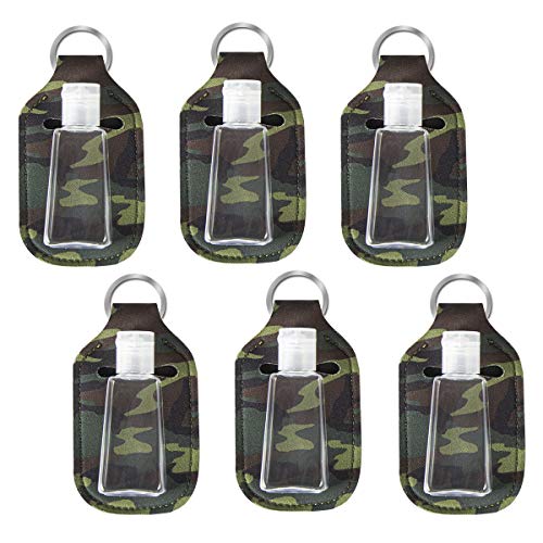 Madholly 6 Pack Empty Travel Size Bottle with Keychain Holder- 6pcs 30ml 1 Oz Flip Cap Reusable Bottles Refillable Containers with Cover Keychain Carriers for Soap Lotion Liquids (Camouflage Style)