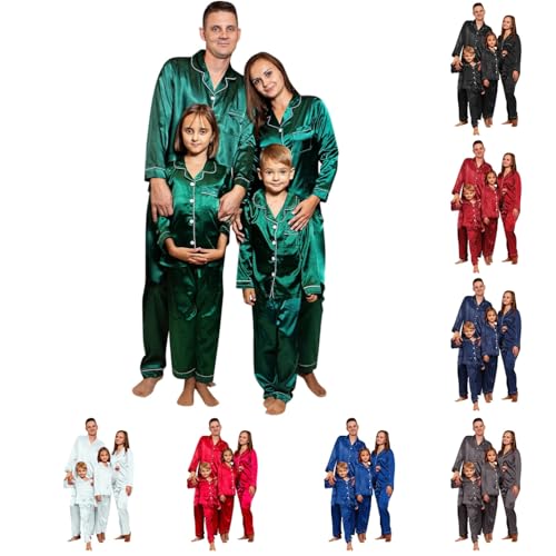Christmas Pajamas for Family Silk Satin Button Down Sleepwear Long Sleeve Nightwear 2 Pcs Comfy Loungewear Set