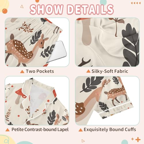 senya Deer with Mushroom Satin Summer Pajama Sets Silk Short Sleeve Button Down Sleepwear3