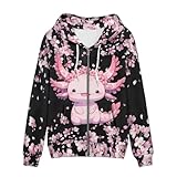 Tongluoye Cherry Blossoms Zip Up Hoodies for Women Plus Size 2XL Cute Axolotl Jackets for Womens Yoga Clothing Long Sleeve Activewear Sweatshirts Womens Tops Front Closure Shirts Tops Outfits