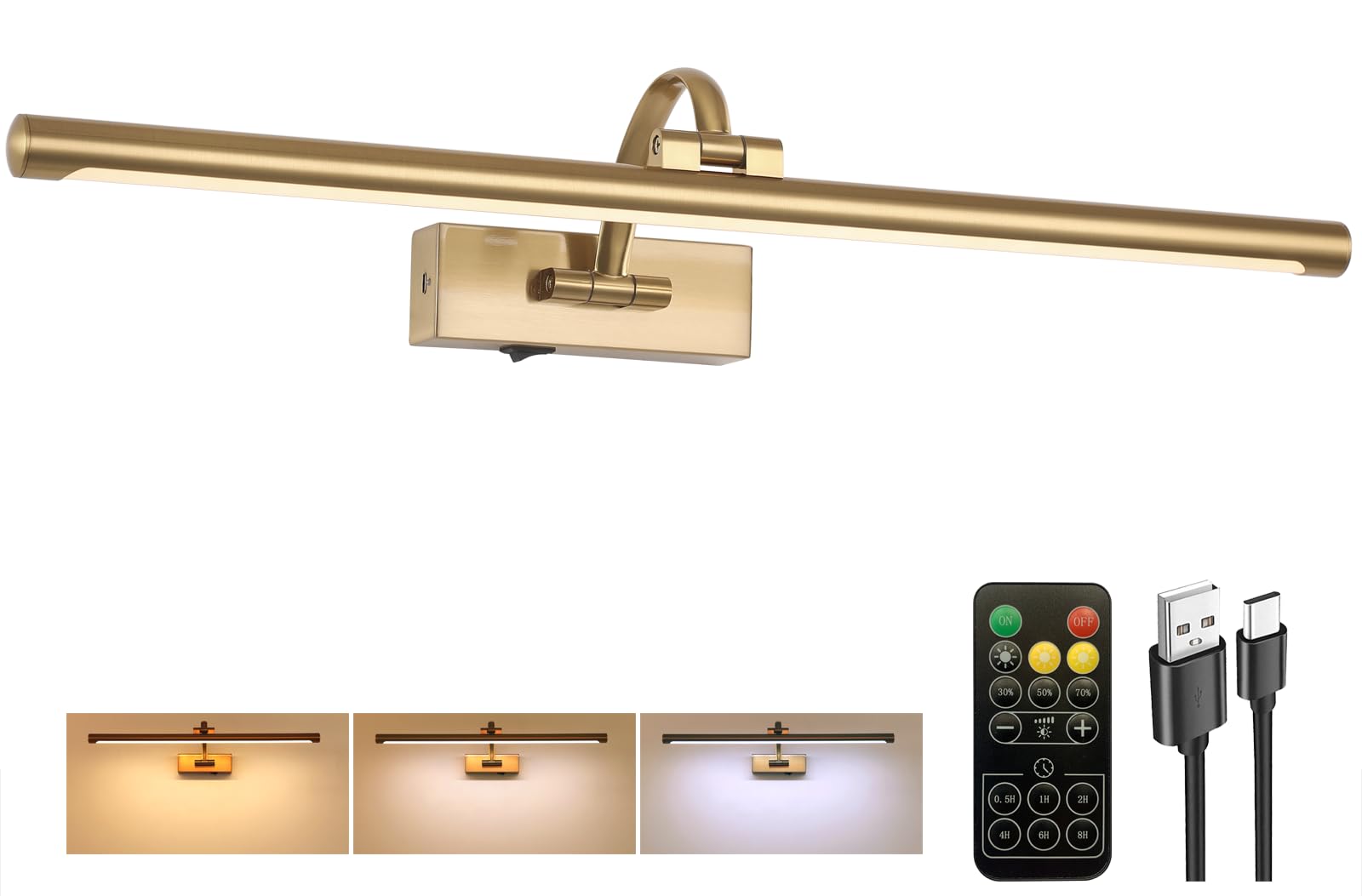 Picture Light Battery Operated with Remote, 3CCT Dimmable Picture Light for Paintings, Brass Rechargeable 24 inch Battery Operated Wall Sconce for Art Lighting Gallery Portrait Artwork
