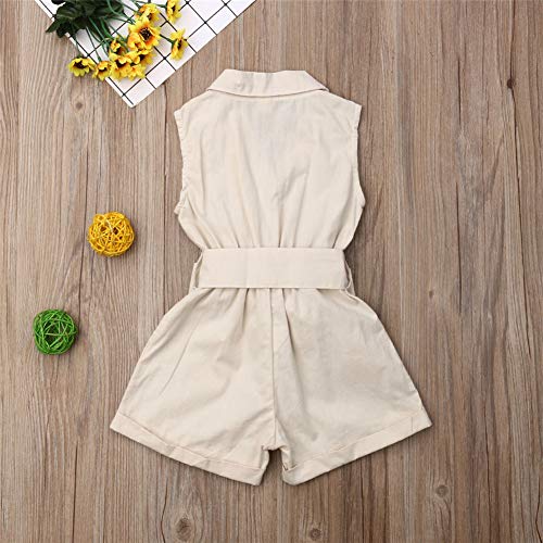 Rtnnsbbfcm Toddler Baby Girl Turn Down Collar Romper Bodysuit with Belt Buttons Solid One Piece Jumpsuit Outfit Clothes (Beige,4-5T) - Thumbnail 4