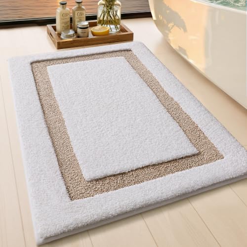 Image of Color&Geometry White Bathroom Rugs 30x20, Extra Soft Absorbent Microfiber Bath Rugs, Non-Slip Bathroom mat, Washable Plush Bath Mats for Bathroom, Shower, Bathtub, Laundry, White Beige