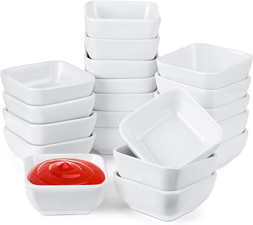 Tanlade Juego de 20 tazones de salsa de 3 onzas, platos de soja de cerámica blanca, juego de cuencos de inmersión de porcelana mini cuadrados para