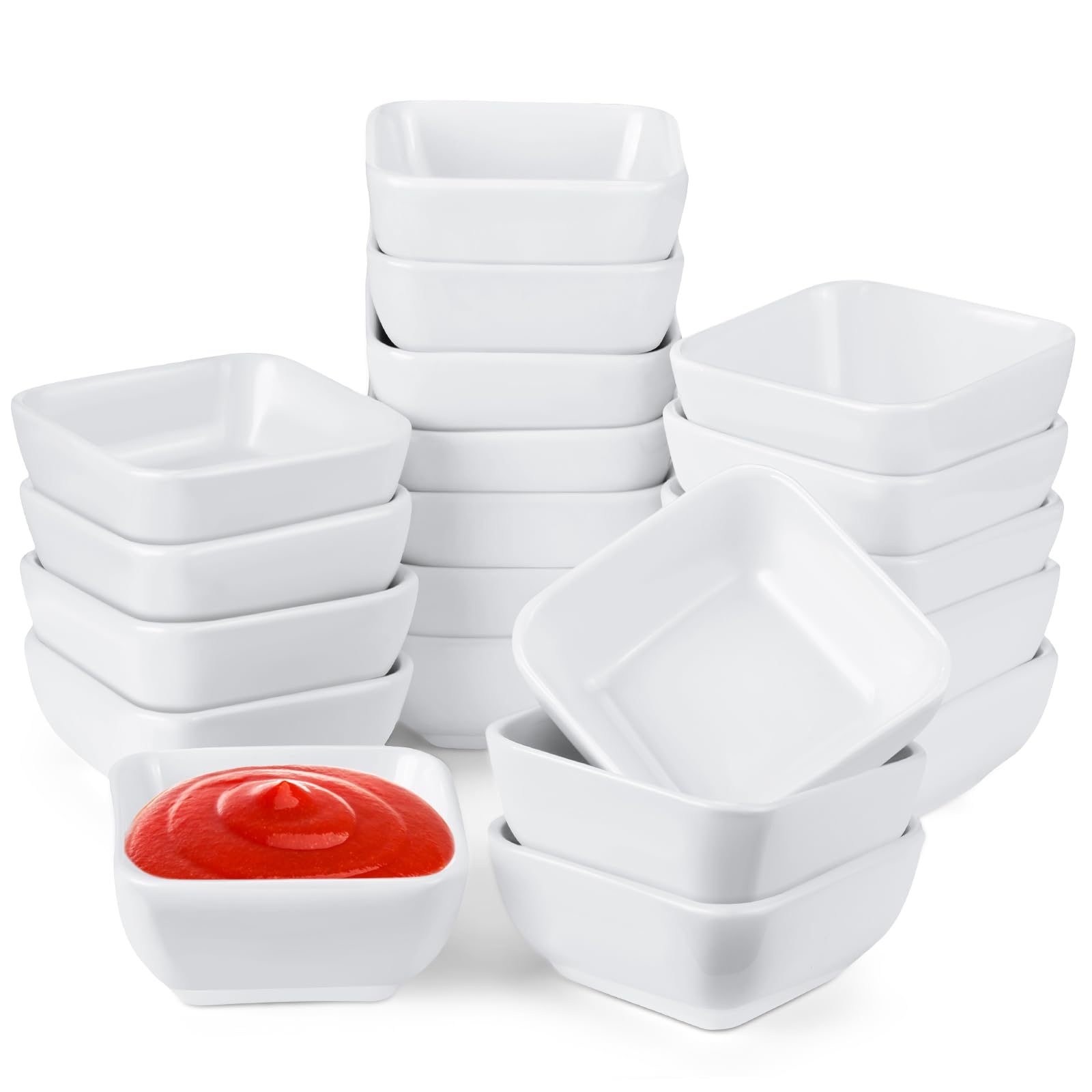 Tanlade Juego de 20 cuencos de cerámica de 85.0 g para salsa, cuencos blancos de porcelana, mini cuencos cuadrados para salsa de tomate de soja, barbacoa, ketchup, sushi y otros suministros de fiesta