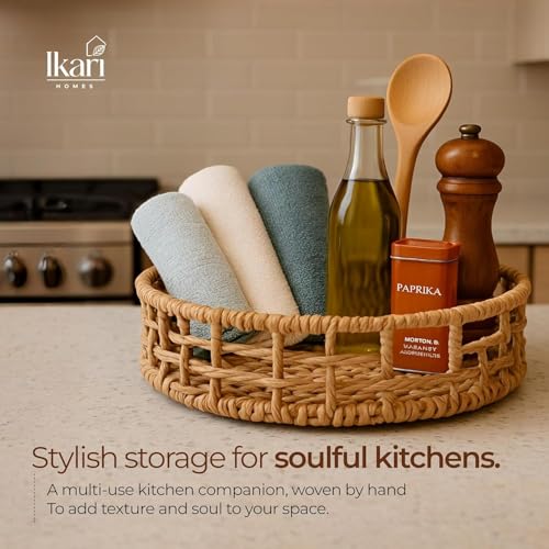Image of Ikari Homes Round Woven Raffia Basket, Natural Decorative Storage Tray| Gifting Basket |Boho decor storage vanity basket I Sustainable organisor Round Basket (12 in x 2 inch)