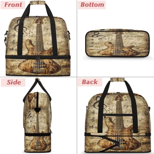 Retro Music Note Guitar Travel Duffel Bags for Women & Men Large Sports Gym Bags Foldie Weekender Overnight Bag Carry On Tote Bag With Shoe Compartment Personal Item Bag for Travel Sports Gym3