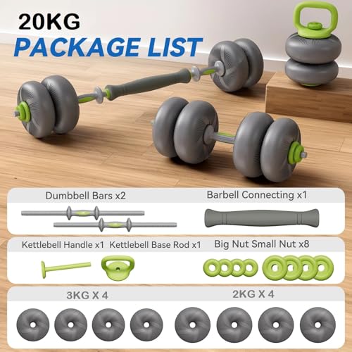 Image of Dolphy Adjustable 20kg Soft Rubber Dumbbell Set PVC Material Strength Training Barbell Free Weights, 4-in-1 Used as Barbell, Dumbbells, Weight Plates, Space Saving Fitness Exercise for Men /Women - 20 kg