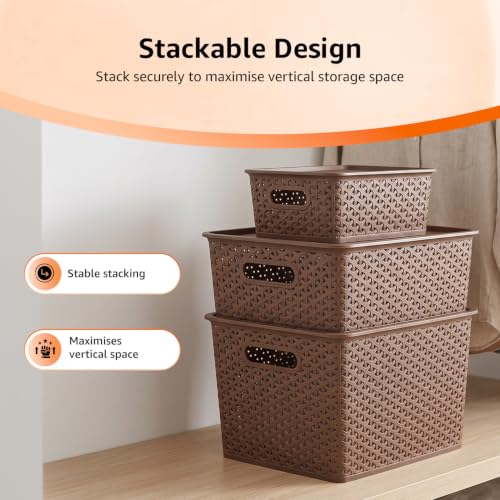 Image of Amazon Basics Set of 3 (Small, Medium, Large) Plastic Storage Baskets with Lid Stackable Shelf Basket, Storage Box & Organiser for Wardrobe, Kitchen,Clothes, Toys, Books, Office (Brown, Rectangular)