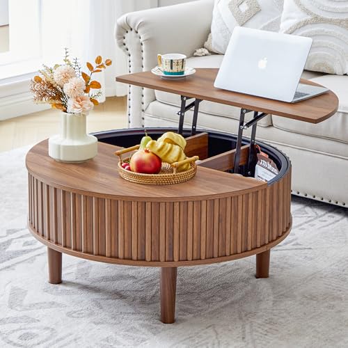 Janmer Home Round Lift Top Coffee Table with Storage Fluted Mid Century Modern Coffee Tables Small Space 31.5 Wooden Center Table for Living Room Apartment Office (Walnut)