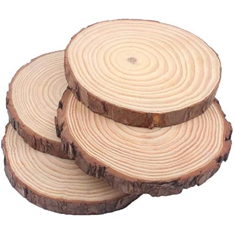 Natural Pine Wood Slabs Untreated 5-6 inches Diameter x 3/5" Thick Large 4 Pieces Solid Wood Slices for Weddings, Table Centerpieces, DIY Projects or Decoration Cover