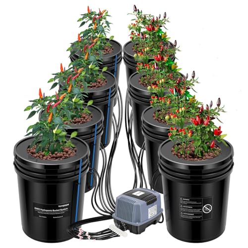 VIVOSUN DWC Hydroponics Grow System with Top Drip Kit, 5-Gallon Deep Water Culture, Recirculating Drip Garden System with Multi-Purpose Air Hose, Air Pump, and Air Stone (8 Buckets + Top Drip Kit)