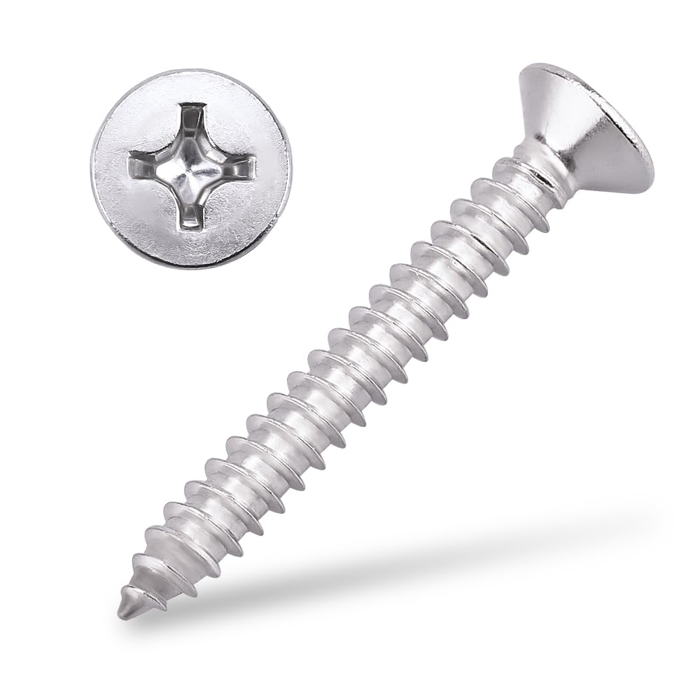 #12 x 1-1/2" (50 pcs) Flat Head Sheet Metal Screws, 304 Stainless Steel (18-8), Phillips Drive, Self Tapping, Corrosion Resistant Screws for Wood,