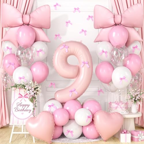 Image of 9th Birthday Decorations for Girl,Pink 9 Balloons for Party Decorations | 9 Year Old Birthday Decoration,Anniversary Party Decor,Pink White Balloons,Bow Print Balloons,Heart Balloons