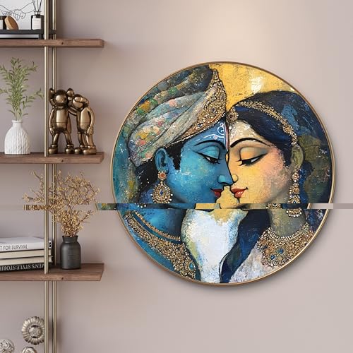 Image of Livin'luxe Radha Krishna Round Art Print with Golden Frame | Abstract Artistic Divine HD Art Print for Living Room Pooja Room Home Decor (23x23 Inch) Art-GR-207