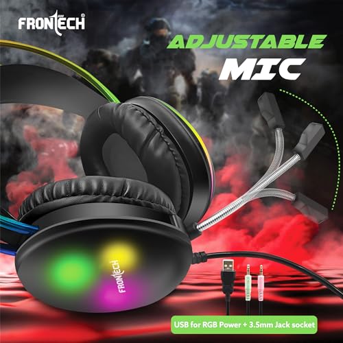 Image of FRONTECH Gaming Headset with RGB Lights | 50mm Driver | Noise-Cancelling Mic | Volume Control | 3.5mm + USB for RGB | Soft Cushions (HF-0015)