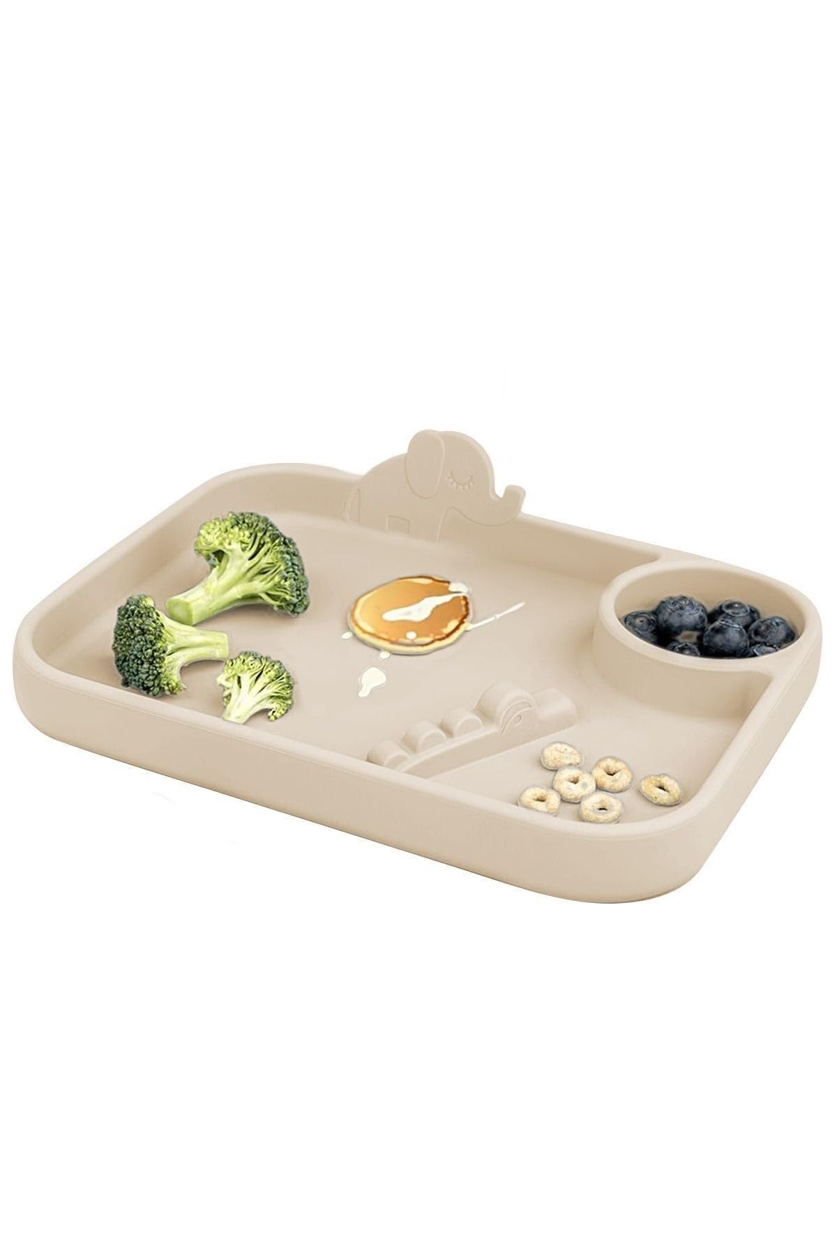 Silikon 3 Bölmeli Bebek Beslenme Tabağı - Tabak - Beslenme Aksesuarı - Bej