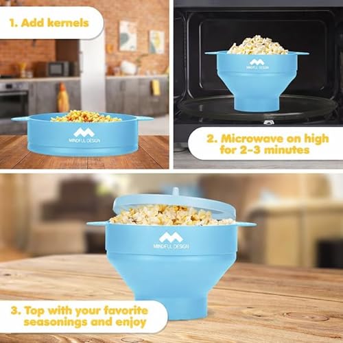 Image of The Original Mindful Design Microwave Popcorn Popper - Silicone Bowl, BPA-Free & Dishwasher Safe (Light Blue)