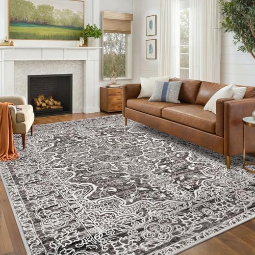KUTA Living Room Rug 6x9 Tan, Washable Large Area Rugs 6ft x 9ft, Non-Slip Boho Printed Vintage Dining Room Carpet, Indoor Low-Pile Cozy Room Throw for Office Bedroom