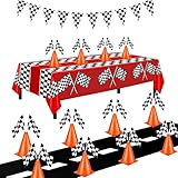 Picture of Racing Cars Birthday Decorations,Racecar Centerpiece Decoration - Orange Racing Cones(12), Checkered Flags (24), Plastic Tablecloth (54"x108"),Floor Runner,Banner Race Car Party(40pcs)