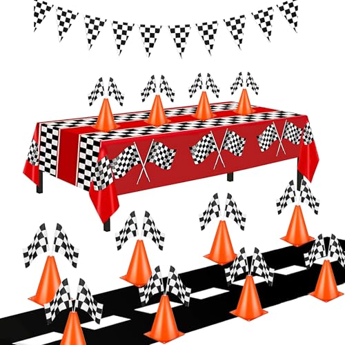 Racing Cars Birthday Decorations,Racecar Centerpiece Decoration for Kids - Orange Racing Cones(12) , Checkered Flags (24), Plastic Tablecloth (54