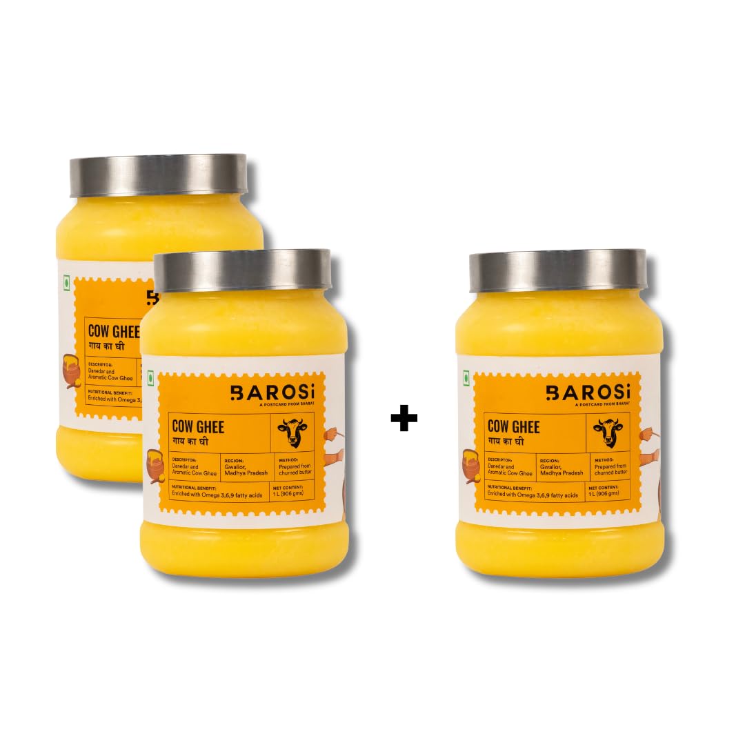 Barosi Premium Cow Ghee 3 Litre Family Saver Pack | Danedar Desi Ghee | Churned from Curd with Bilona Method | Pure & Aromatic | Farm Made in Small Batches