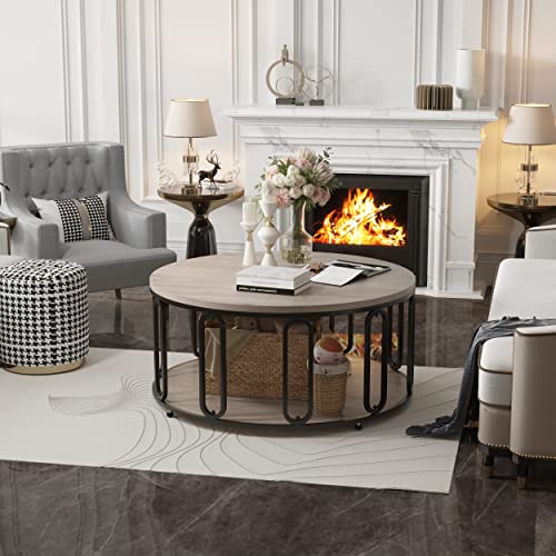 Easyzon Rustic Round Coffee Table, Wooden 2 Tier Living Room Table With Open Storage Shelf, O-Shaped Steel Frame Industrial Tables For Home/Office/Reception, Light Oak #TOP7