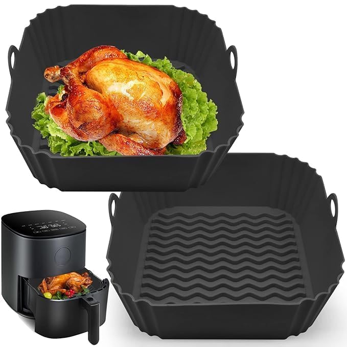 LOMGAV 2 PCS Square Air Fryer Silicone Liners, 8 Inch Food Grade Reusable Heat Resistant Silicone Air Fryer Oven Microwave Accessory