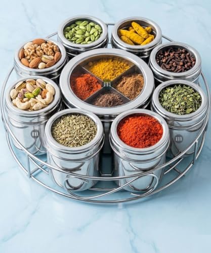 Image of MARU Steel 12-in-1 Spice Box For Kitchen, Durable Masala Dani with Middle Partition Container & See- Through Lids, Stylish Anjarai Petti, Elegant Kitchen Storage Masala box (12IN1 WIRESTAND)