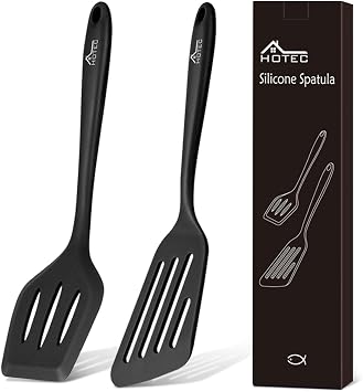 Hotec Silicone Spatula Set with Slots, Kitchen Utensils for Baking, Cooking, Heat Resistant, Non-Stick, Strong Stainless Steel Core, Black, 2 Pieces