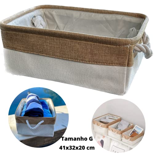 Caixa Cesto Organizador Tecido Linho Dobrável 41x32x20 (palha com off)