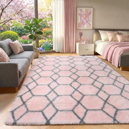 ONASAR Area Rugs for Girls Bedroom Living Room, 4x6 Fluffy Pink and Grey Throw Rug, Shaggy Geometric Soft Plush Floor Carpet for Nursery Boys Teen Playroom Dorm Home Office Decor Aesthetic
