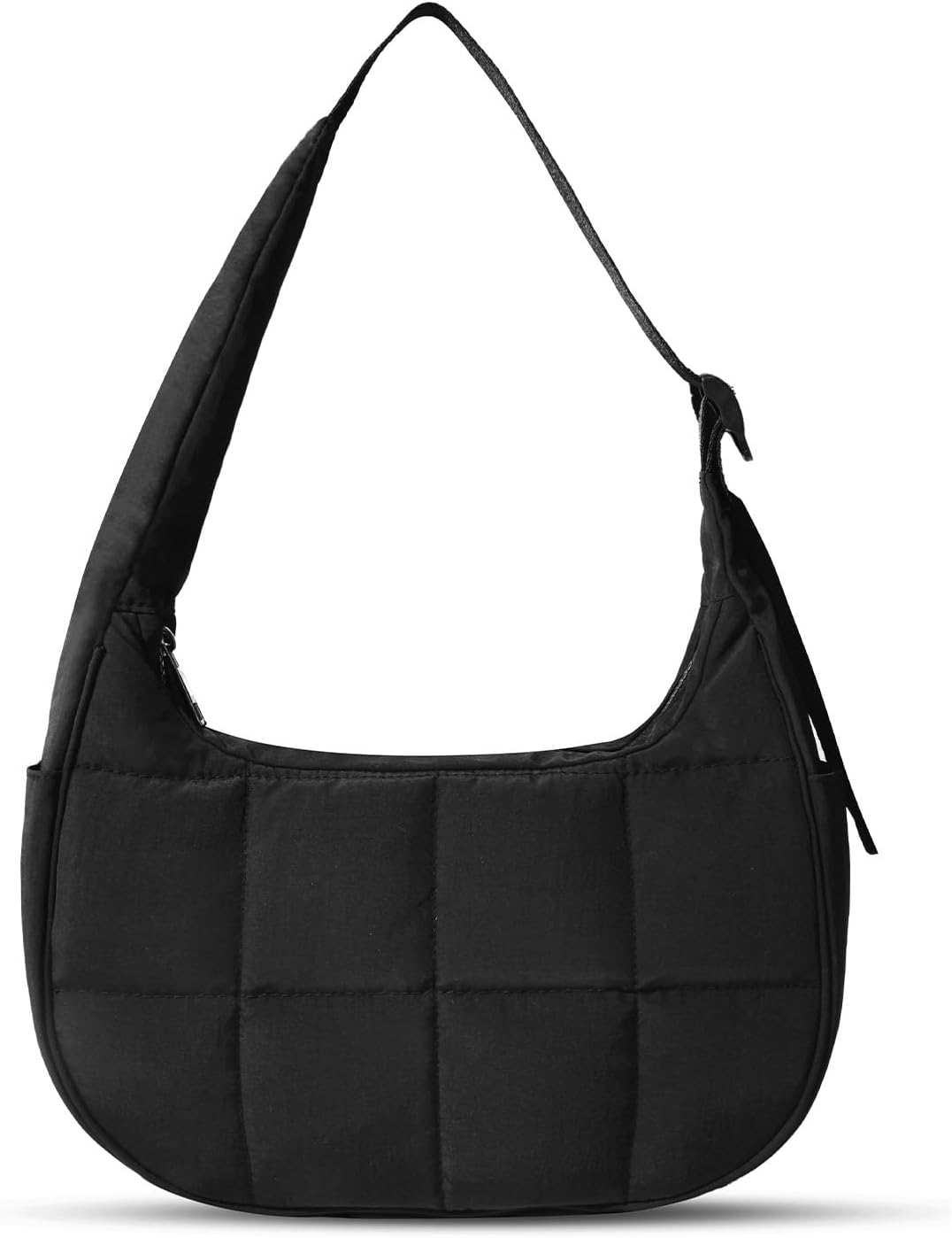 Puffer Crescent Shoulder Bag for Women, Small Puffy Purse for Women, Nylon Quilted Shoulder Purses with Adjustable Strap Black