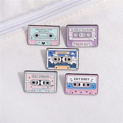 Image of Pink Cartoon Retro Magnetic Tape Brooch Set - 5 Count Unisex Pins for Men Women Gift - Vintage Music Tape Lapel Pin for Jacket Shirt Hat Aesthetic Accessories