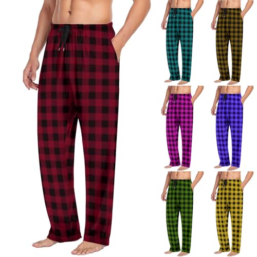 Cambkatl Men’s Plaid Pajama Pants, Elastic Waist Stretchy Straight Lounge Trousers Loose Pjs Bottoms Sleepwear with Pockets2