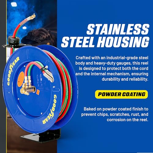 Image of Goodyear Retractable Welding Hose Reel - 1 /4 inch x 65' Twin Oxygen Acetylene Rubber Hoses, Heavy Duty Single Arm, 300 PSI Industrial Standard Dut