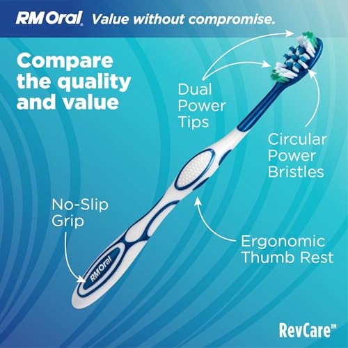 Image of RM Oral RevCare Medium Toothbrush, Circular Power Bristles Power Away Plaque, Tongue & Cheek Cleaner Fights Bad Breath, 4 Count