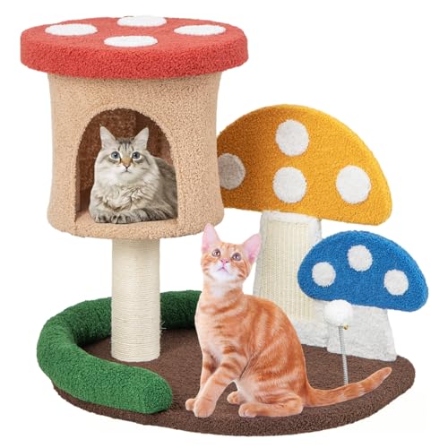 PETSITE Mushroom Cat Tree, Modern Small Cat Tower with Natural Sisal Scratching Post & Board, Cat Condo and Teasing Spring Ball, Cute Cat Tree Tower for Indoor Cats Large Adult