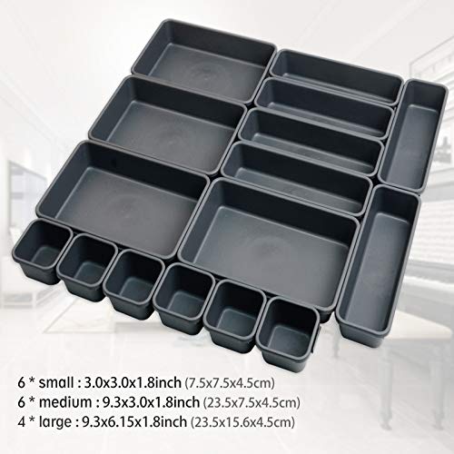 16 Pack Interlocking Drawer Organizer Tray, Desk Drawer Organizer, Office Drawer Dividers Storage Bins for Kitchen Bathroom Office, 3 Different Sizes, Grey