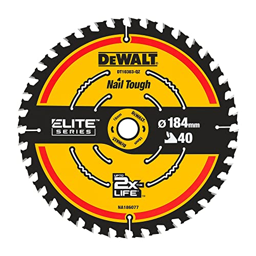 Dewalt Elite Kreissägeblatt DT10303 (Sägeblatt-ø 184/16 mm, Schnittbreite: 1,65 mm, 40 Zähne, Zahngeometrie: WZ, Zahnwinkel: 18°, ultra-scharfe Hartmetall-Zähne, mit Nail Tough, für feine Schnitte)