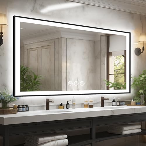 60x36 Lighted Mirrors for Bathroom Wall, Modern Rectangle Matte Black Mirror, Tempered Glass,Double Lights, 3 Colors Dimmable Temperature, IP54 Enhanced Anti-Fog, Memory (Horizontal/Vertical)