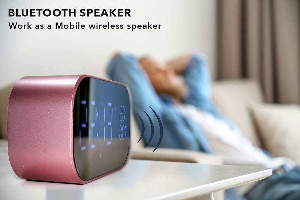 Réveil Horloge Haut-Haut-Chambre Horlge de Chevet avec Dual USB Chargement des Haut-parleurs stéréo Pilote à Double 3W, Radio FM, 4.2, AUX TF Carte, Dimmable, Snooze, Thermomètre.