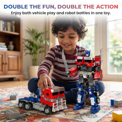 Image of Kidology 2-in-1 Transforming Robot Truck Action Figure for Boys & Girls | Robot Car to Truck DIY Toy with Rotatable Head, Movable Hands & Adjustable Joints | STEM Building Play Set | Red & Blue
