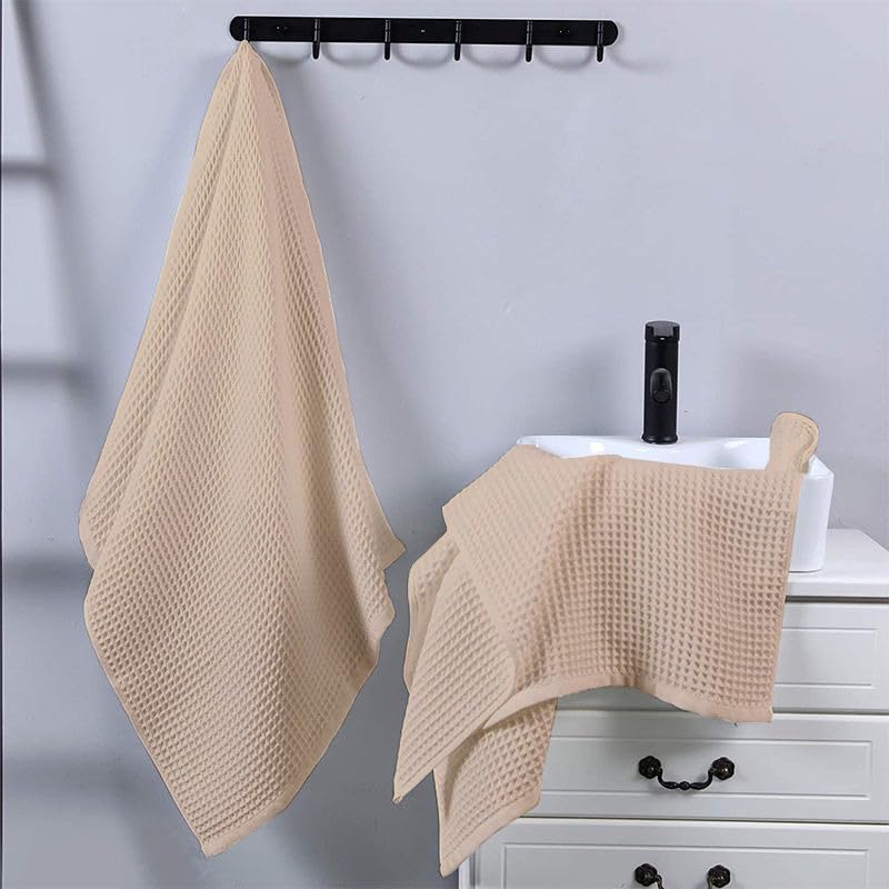 Image of Pure Cotton Waffle Towel | Lightweight | Anti Microbial and Water Absorbent | Soft Touch Quick Drying Hand Towels (Beige, Pack of 4)